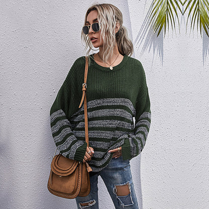 LOVECCR New Popular, 2025 and popular autumn loose striped round neck medium and long sweater knitted sweater women's Popular trade wholesale