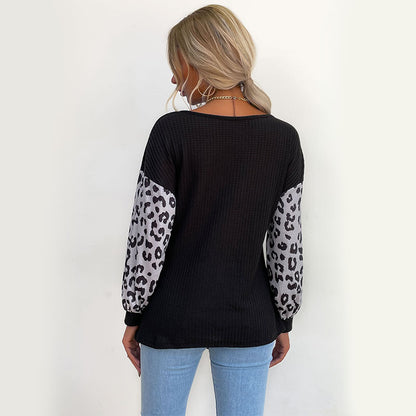 LOVECCR 2023 New Autumn Middle East Women's Clothing Crew Neck Pullover Long Sleeve Splicing Black Leopard Print T-Shirt Women