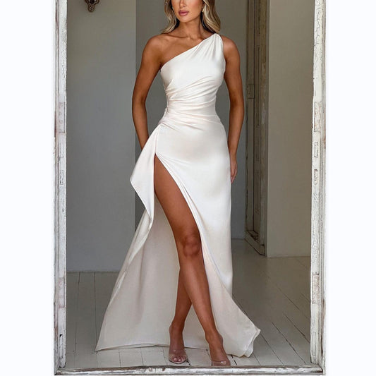 LOVECCR  Cross-Border New Arrival European and American Fashion Irregular Sleeve Oblique Shoulder High-End Evening Dress