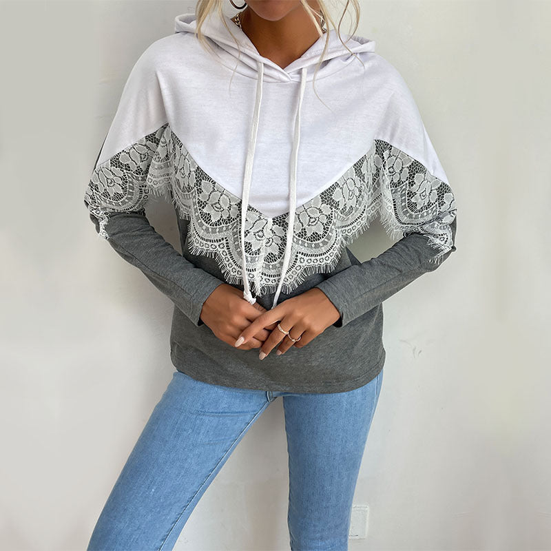 LOVECCR New  Autumn popular New Women's Wear Long Sleeve Hooded Pullover Splicing Lace Sweater Hoodie