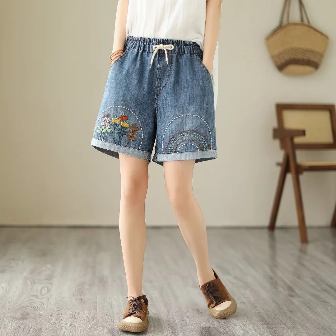 Japanese Style Denim Shorts Women's Summer Thin Loose Slimming Retro Casual Embroidered Shorts Wide Leg Pants