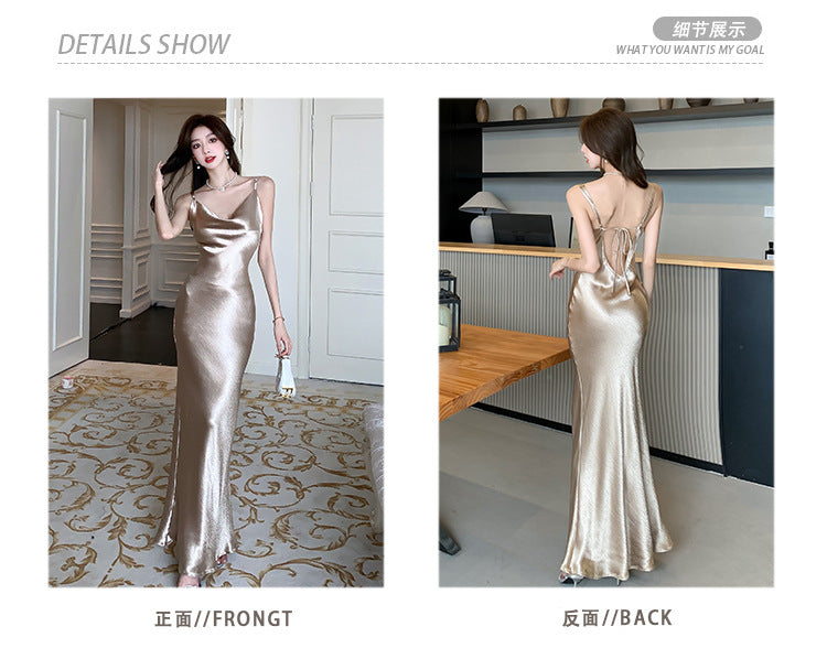 LOVECCR  Champagne Satin Sling Dress Women's Summer Light Luxury Banquet Swing Collar Evening Dress High-Grade Beauty Back Hip Skirt