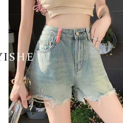 Ripped Denim Shorts Women's Summer 2024 New High Waist Slimming Raw Hem Wide Legs Loose A- line Hot Pants Trendy Ins