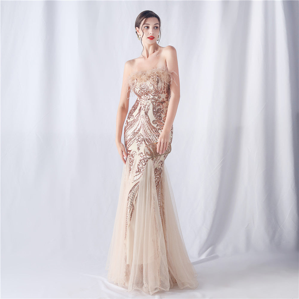 LOVERCCR  31599# Foreign Trade New  Ostrich Feather Positioning Flower Cutting Wedding Annual Meeting Tube Top Sequin Gauze Evening Dress