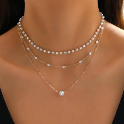 HOT and NEW Cross Border New Fashion Pearl Chain Pendant Three-Layer Necklace Women's All-Match Light Luxury Temperament High Sense Necklace