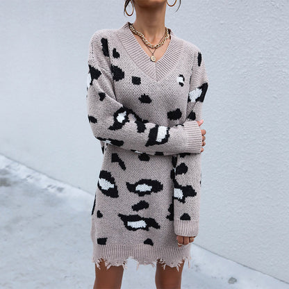 LOVECCR New popular New Women's Clothing Loose Knitted Long Lazy Wind Pullover Leopard Print Ripped V-Neck Sweater Skirt