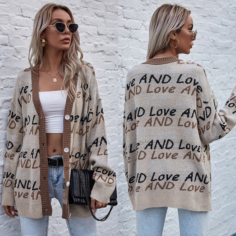 LOVECCR Hot autumn and winter knitted cardigan 2025 letter fashion jacquard long-sleeved medium and long sweater jacket