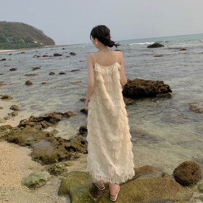 LOVERCCR  Bohemian White Suspender Dress Women's Summer Loose-Fitting Tassel  Seaside Vacation Beach Fairy Long Skirt