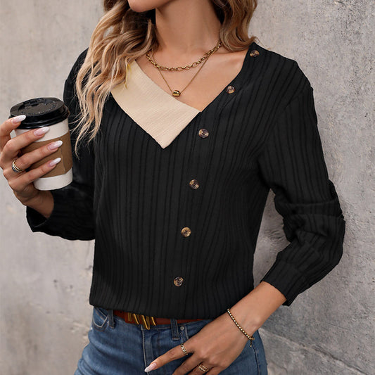 LOVECCR Hot autumn new  women's shirts, popular splicing V-neck tops in Europe and America, long-sleeved buckle women's clothing wholesale