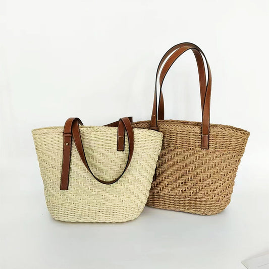 loveccr New Straw Shoulder Bag Large Capacity Totes Woven Bag Portable Beach Bag Handmade Korean Style Seaside Vacation Bag