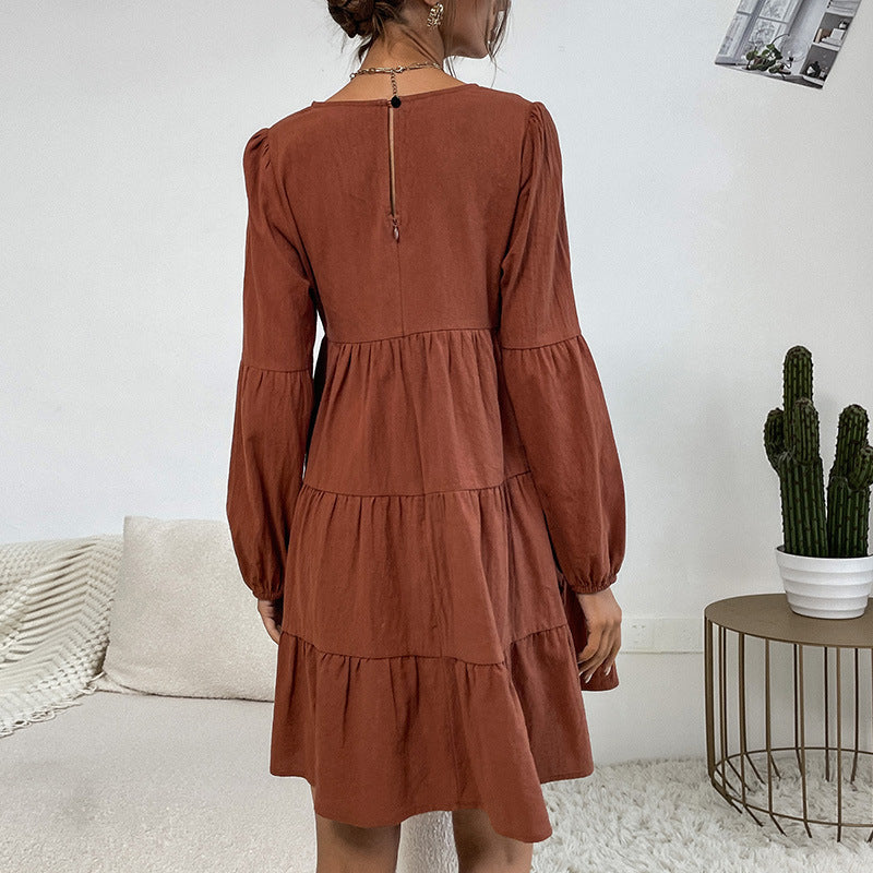 LOVECCR New  Women's Clothing Hot New 2025 Hot Trade Cake Folded Skirt Long Sleeve Loose Cotton and Linen Dress