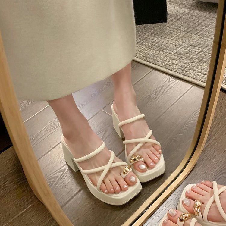 loveccr  Chunky Heel High Heel Cross Toe Covering Sandals Women's Summer Outdoor Wear  New Internet Celebrity Super Hot High-Grade Small