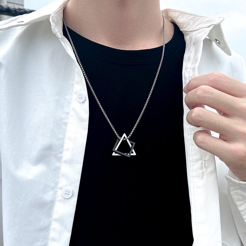 Cross-Border Geometric Triangle Square Combination Titanium Steel Hip Hop Necklace Men's Trendy Handsome Cool Earth Simple Pendant Accessories