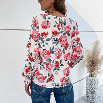 LOVECCR popular autumn and winter new commuter printed shirt  New 2025 women's clothing round neck lantern sleeve pullover shirt