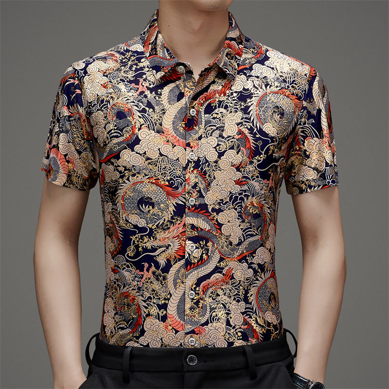 Middle-Aged Men's Summer Short Sleeve Printed Shirt Loose Non-Ironing Casual Half Sleeve Ice Silk Shirt Bronzing Thin Top Fashion