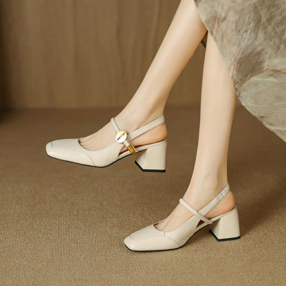 loveccr  New  Style Retro Closed Toe Pumps Mid Heel Chunky Heel Buckle High Heel Soft Leather Soft Bottom Square Head Mary