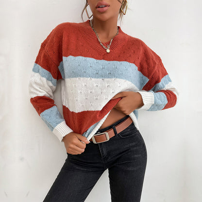 LOVECCR New  Hot Trade popular Spring and Autumn New Long Sleeve V-Neck Pullover Striped Color Matching Knitted Sweater