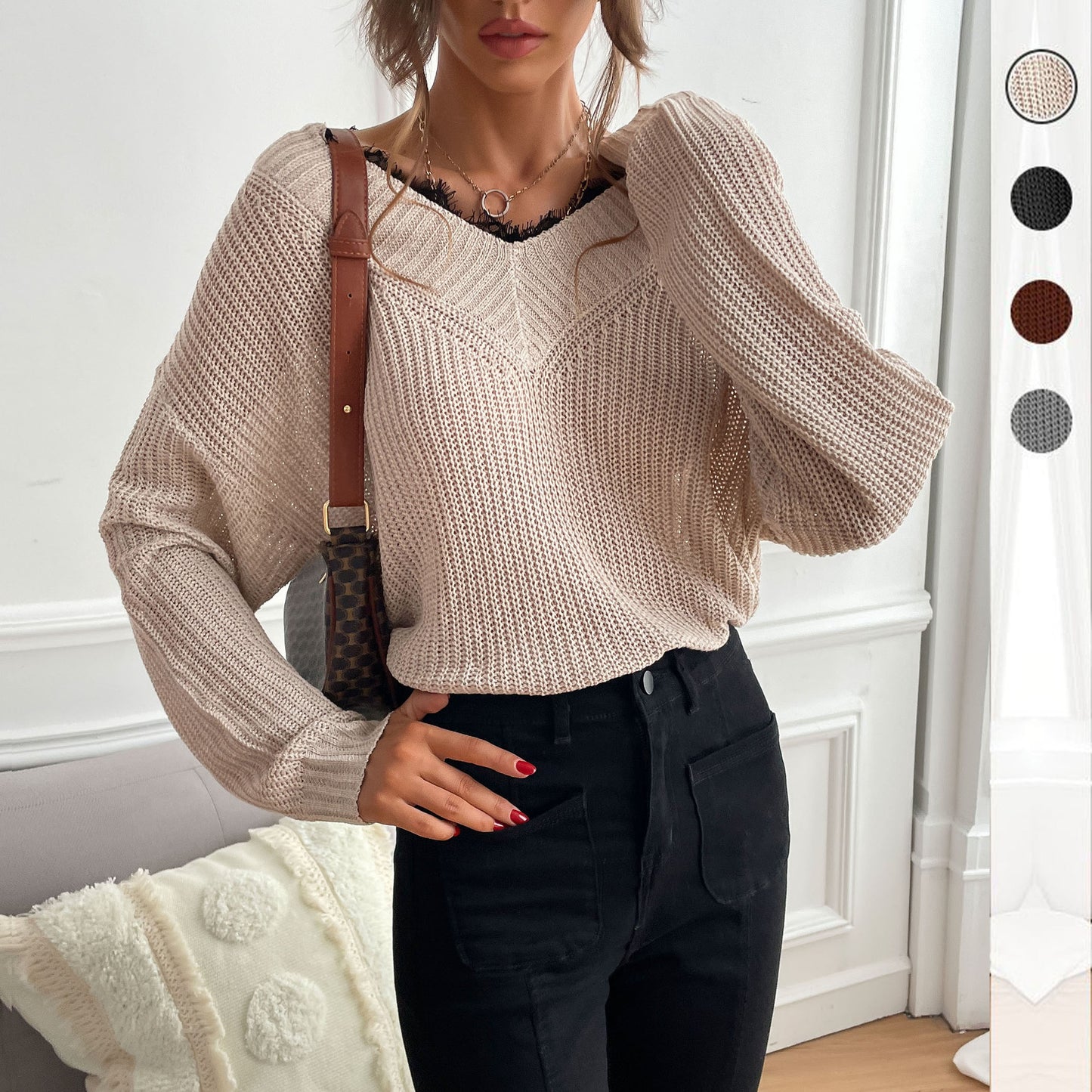 LOVECCR New explosion autumn and winter popular new splicing lace jumper V-neck commuter wind knitted sweater women