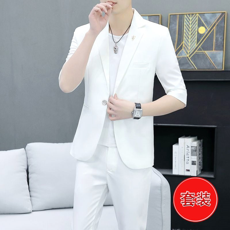 LOVECCR   Suit Men's One Suit Matching Summer Korean Style Trendy Fashion Dress 3/4 Sleeve Non-Ironing Casual Small Suit