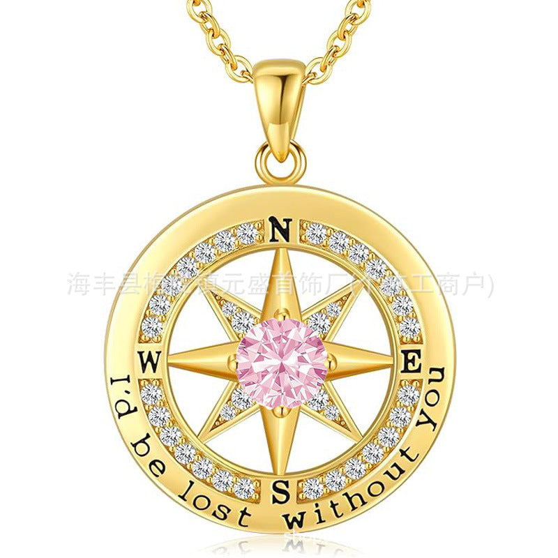 HOT and NEW Cross Border S925 Sterling Silver Compass Compass Necklace Female Twelve Birthstone  Pendant Clavicle Chain