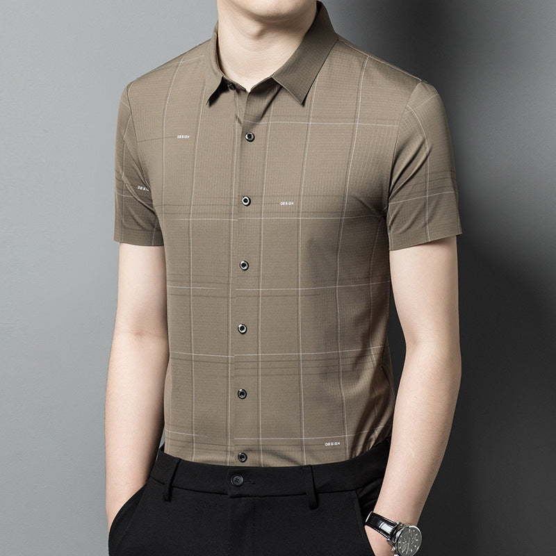 Summer New Short-Sleeved Men's Shirt Seamless Ice Silk Middle-Aged Business Leisure Plaid Men's Shirt Wholesale