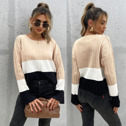 LOVECCR  Popular trade women's clothing popular autumn and winter new 2025 color matching round neck long sleeve knitted pullover pit strip sweater women