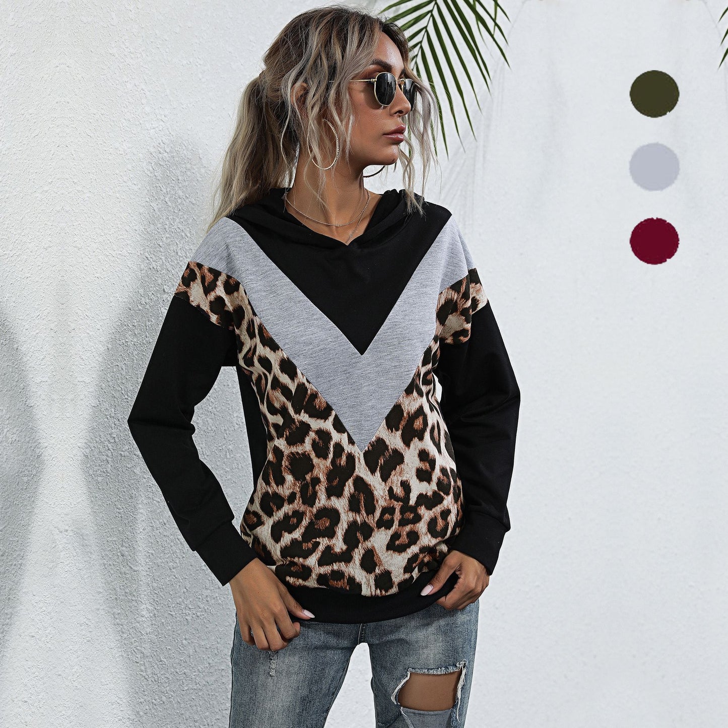 LOVECCR New Popular trade splicing leopard print sweater hooded pullover long sleeve 2025 casual color contrast women popular new models