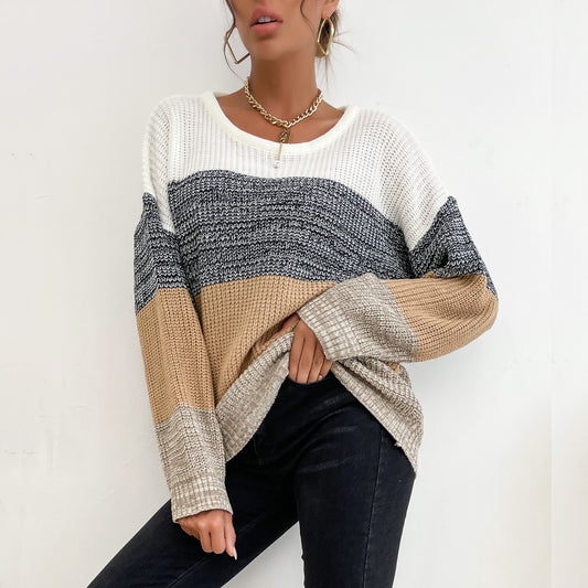 LOVECCR New  Hot Trade popular Autumn and Winter New Crew Neck Long Sleeve Knitted Striped Contrast Sweater Pullover