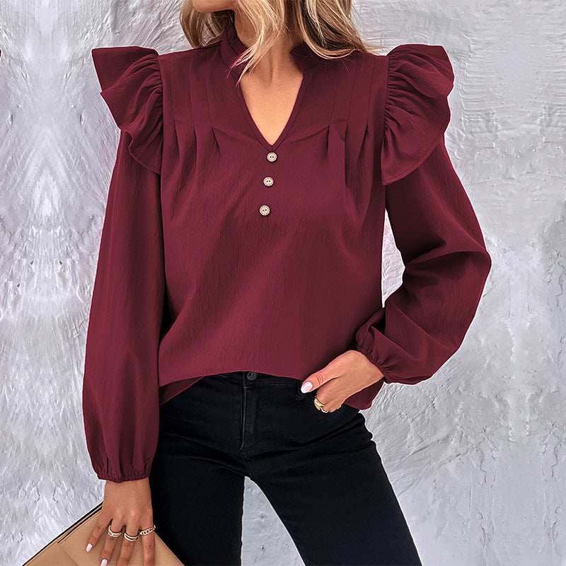 LOVECCR New  2025 commuter women's clothing Hot early autumn new ruffle edge long-sleeved design shirt