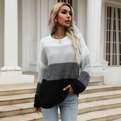 LOVECCR New popular autumn and winter new 2025 women's clothing round neck loose contrasting color knitted warm cover hair woman