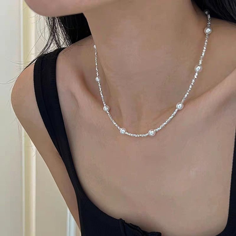 Tik Tok Live Stream Small Pieces of Silver Pearl Starry Necklace Simple Twin Special-Interest Design Commuter Super Fairy Clavicle Chain