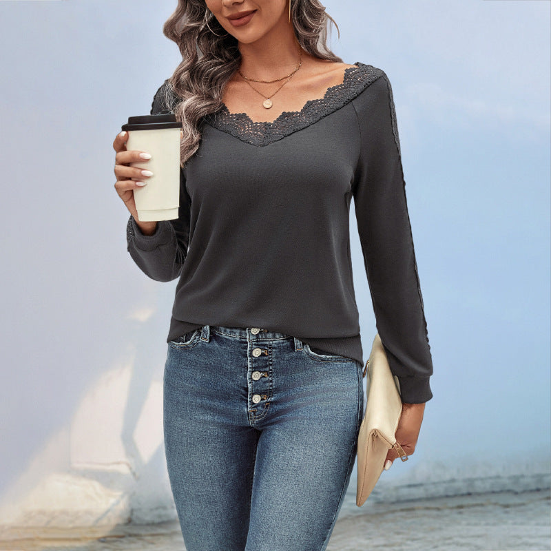 LOVECCR foreign trade long-sleeved top Hot autumn new 2025  women's v-neck lace splicing bottoming shirt