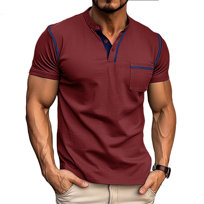 Summer European and American Style Men's Clothing Short-Sleeved Men's T-shirt Foreign Trade Men's Henley Shirt  Color Matching T-shirt Men's Wholesale