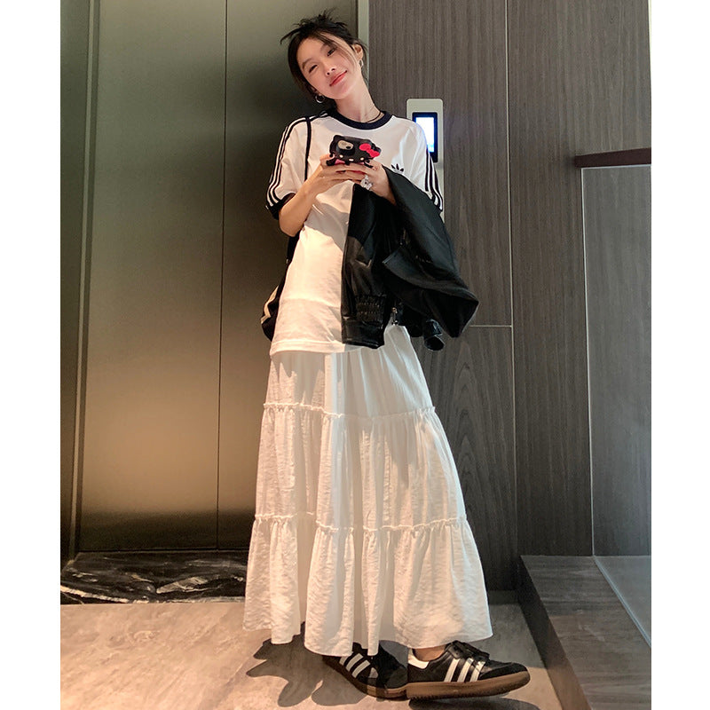 Nantao Korean Style Gentle Pleated Skirt Women's  Spring and Summer Elastic High Waist Cover Cross-Body Mid-Length A- line Cake Dress