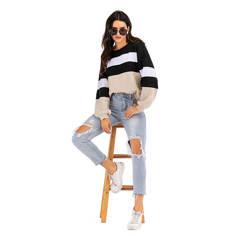 LOVECCR popular Spring and Autumn New 2025 Crew Neck Knitted Striped Contrast Color Long Sleeve Bottom Sweater Women's Short Pullover