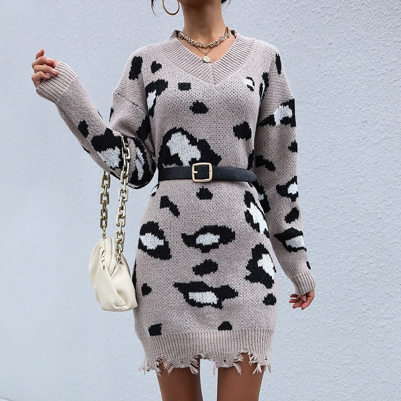 LOVECCR New popular New Women's Clothing Loose Knitted Long Lazy Wind Pullover Leopard Print Ripped V-Neck Sweater Skirt