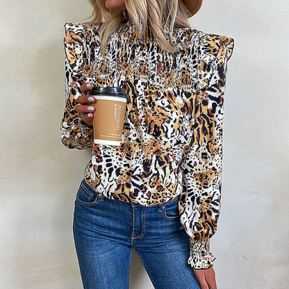 LOVECCR popular autumn and winter new long-sleeved leopard print shirt  New 2025 women's clothing semi-turtleneck flying-sleeved shirt women