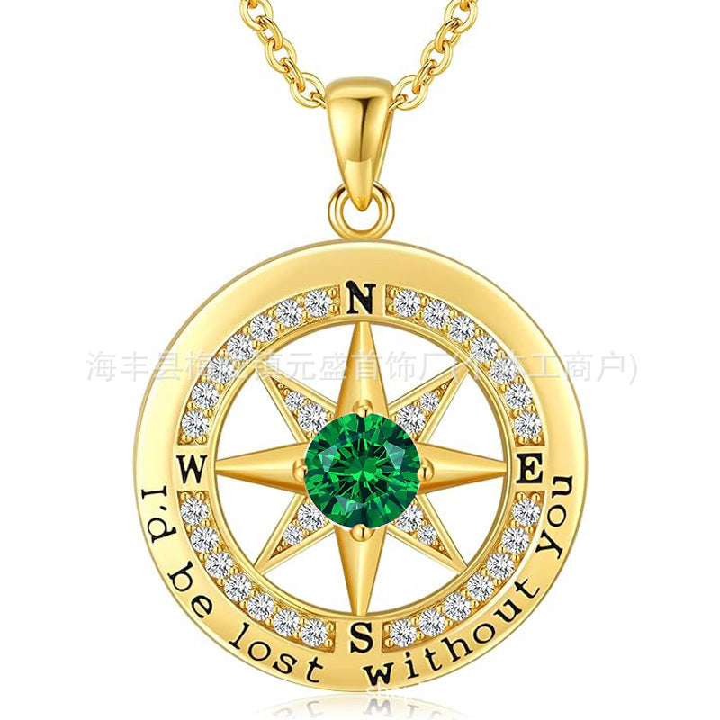 HOT and NEW Cross Border S925 Sterling Silver Compass Compass Necklace Female Twelve Birthstone  Pendant Clavicle Chain