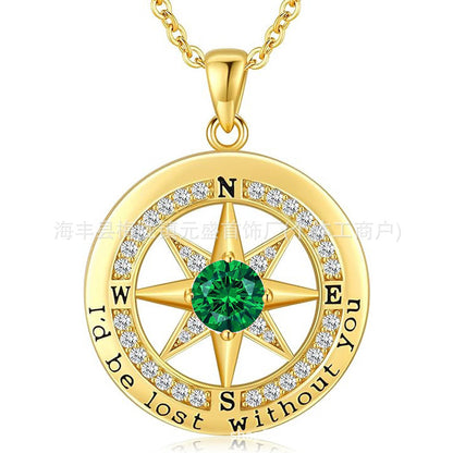 HOT and NEW Cross Border S925 Sterling Silver Compass Compass Necklace Female Twelve Birthstone  Pendant Clavicle Chain