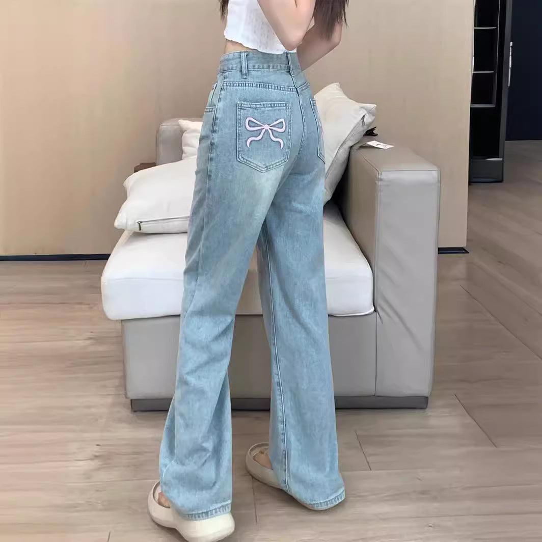 Women's Korean-Style Bowknot Embroidered Straight Jeans Summer 2024 New High Waist Loose and Slimming Drooping Wide-Leg Pants