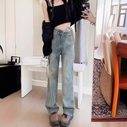 Spring/Summer 2024 New Wide-Leg Jeans Women's Loose Slimming Fashionable All-Match Lace-up Mop Jeans for Women