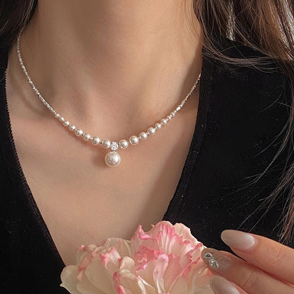 S925 Sterling Silver Small Pieces of Silver Shijia Pearl Necklace Women's All-Match Clavicle Chain Sweater Chain Jewelry Wholesale  New