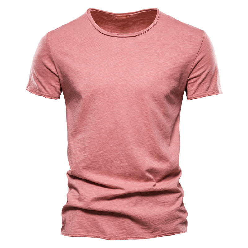 Summer Foreign Trade Popular Style Men's New Pure Color Slub Cotton V-neck Short-Sleeved T-shirt Cotton Hot Sale European and American Style Men's Clothing