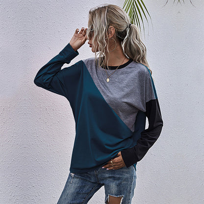 LOVECCR New Cross-border popular Autumn Loose 2025 Splicing Crew Neck Long Sleeve Bottom Contrasting Sweater Women