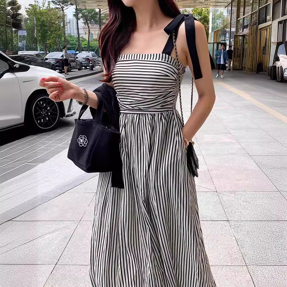 LOVECCR South Korea Chic Summer Niche Temperament Square Collar off-Shoulder Contrast Color Striped Waist Slimming Sling Dress Dress