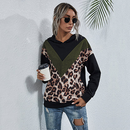 LOVECCR New Popular trade splicing leopard print sweater hooded pullover long sleeve 2025 casual color contrast women popular new models