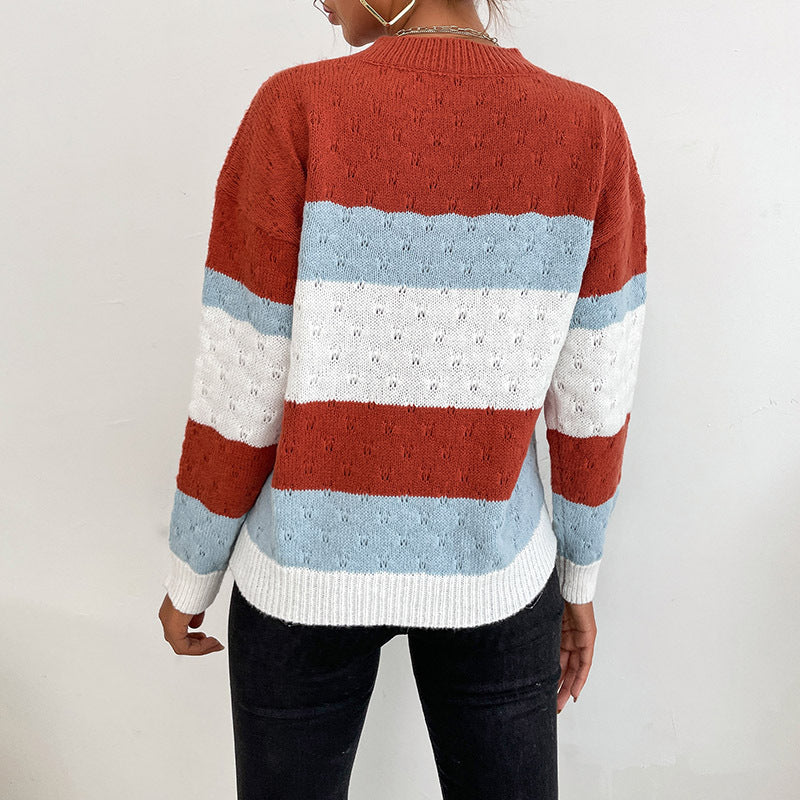 LOVECCR New  Hot Trade popular Spring and Autumn New Long Sleeve V-Neck Pullover Striped Color Matching Knitted Sweater