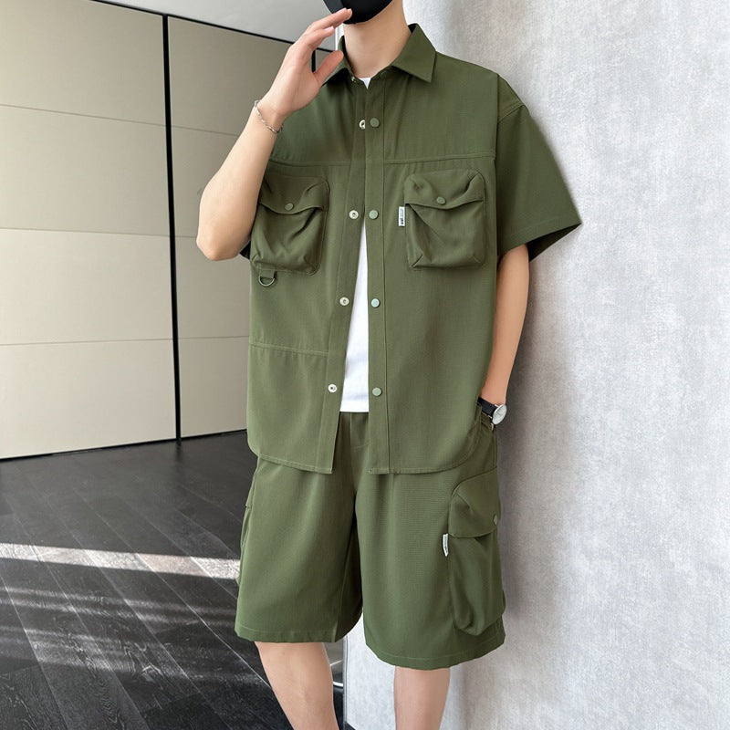 Summer  Ice Silk Short Sleeve Suit Men's Japanese Style Workwear Loose Casual Short-Sleeved Shirt Cropped Pants Two-Piece Set