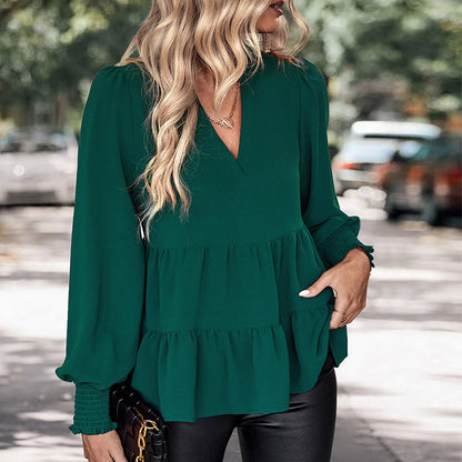 LOVECCR   Hot new women's shirt ruffle edge top V-neck shirt autumn popular solid color women