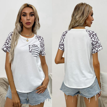 LOVECCR New Cross-border popular New Summer Women's Pocket Top Short Sleeve Crew Neck Splicing Leopard Print T-Shirt